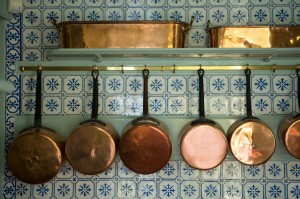 Antique Copper Cooking Pots in Monet's Kitchen
