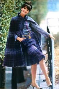 Purple and blue plaid wool tweed day-ensemble by Chanel, Jours de France August 1964